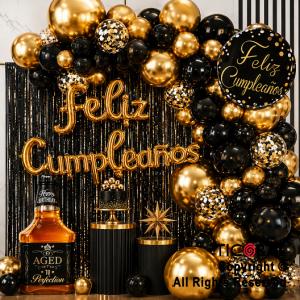 SET DE GLOBOS ARCO XL FELIZ CUMPLEA�OS WHISKY NEGRO Y ORO (GY 7868) 100 UNIDADES